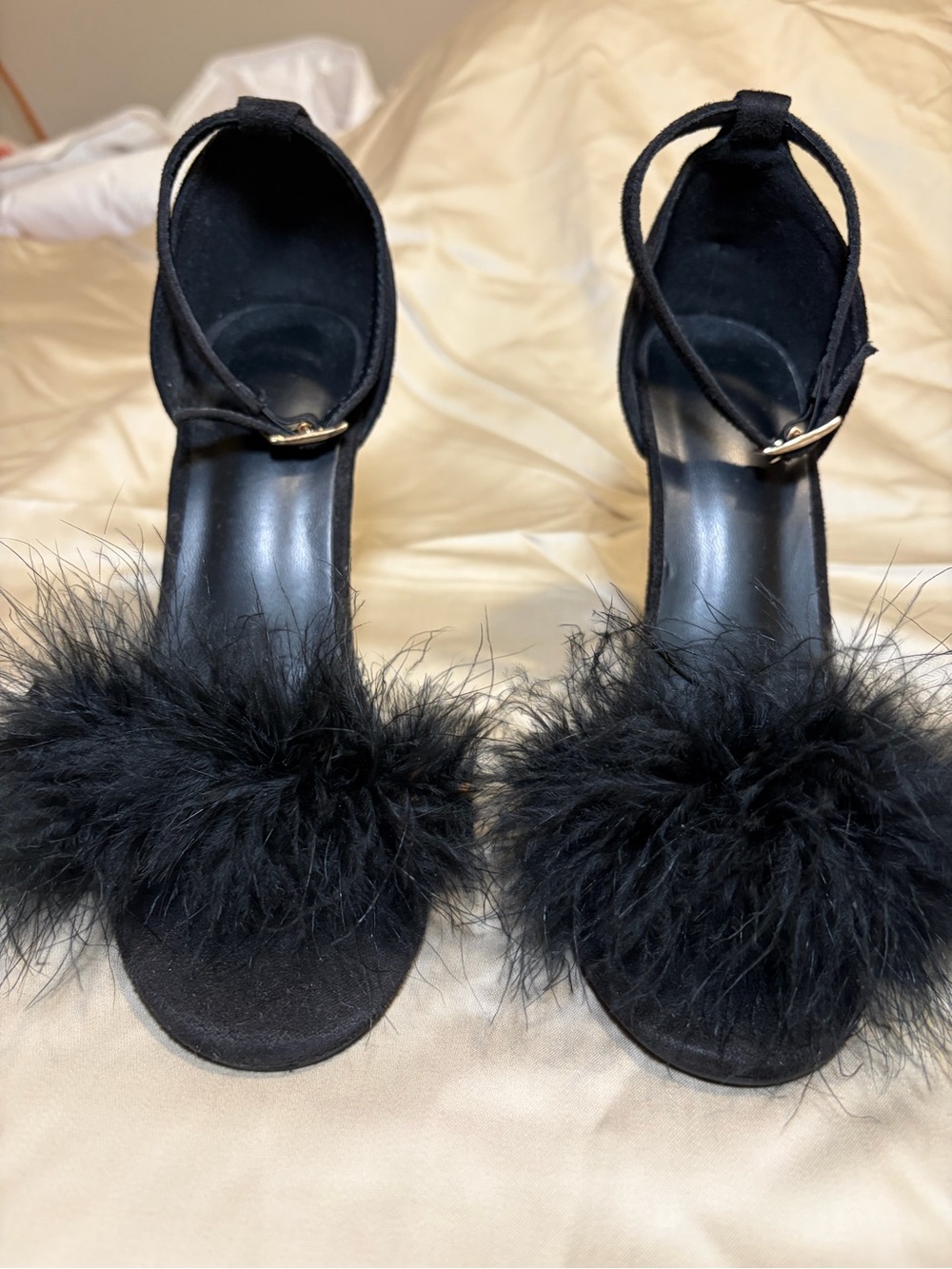 Black Feather Trim Ankle Strap Heels - Women's
